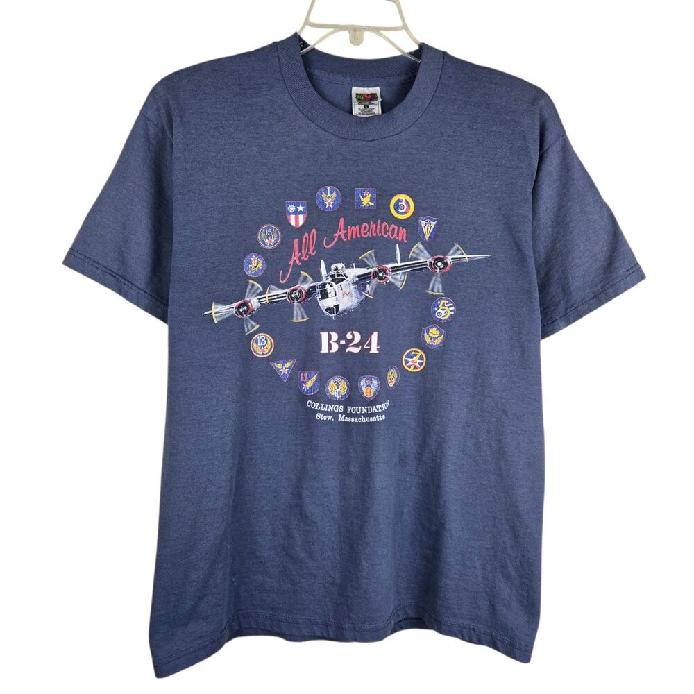 VINTAGE Collins Foundation  B-24 Bomber Stow MA T-Shirt Large Blue Military